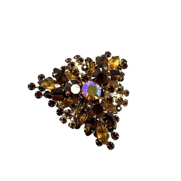Vintage Womens Rhinestone Brooch Pin Amber Tone & Aurora Borealis Stones 1960s - Picture 2 of 7